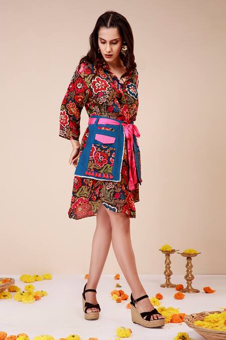 Label Niyami_Multi Color Crepe Embroidery Collared Bloom Print Shirt Dress And Waist Harness _Online_at_Aza_Fashions