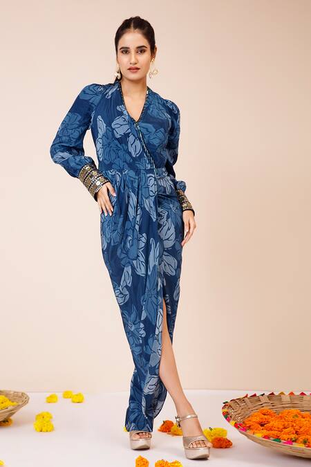 Label Niyami_Blue Crepe Tassels, Embroidery V-neck Celtic Fleur Print Draped Dress _Online_at_Aza_Fashions