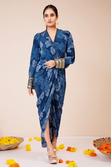 Label Niyami Celtic Blue Fleur Print Draped Dress 