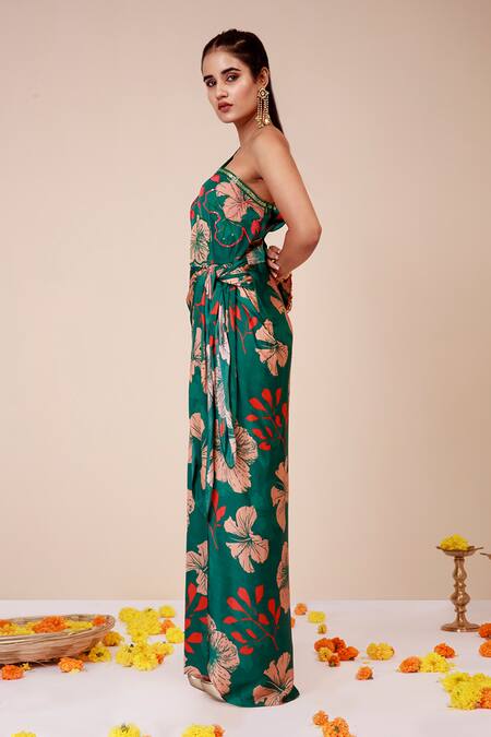 Label Niyami_Green Modal, Satin Embroidery One Shoulder Hibiscus Print Draped Dress _Online_at_Aza_Fashions