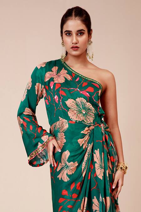 Buy Label Niyami Green Modal, Satin Embroidery One Shoulder Hibiscus Print Draped Dress Online at Aza Fashions Buy_Label Niyami_Green Modal, Satin Embroidery One Shoulder Hibiscus Print Draped Dress _Online_at_Aza_Fashions