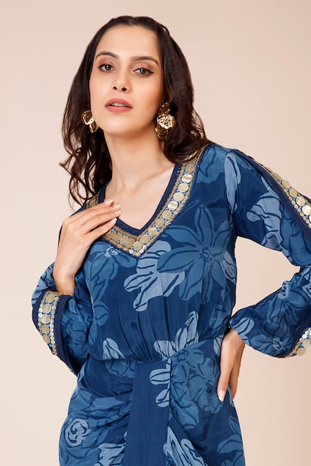 Label Niyami Celtic Blue Blossom Print Draped Dress 