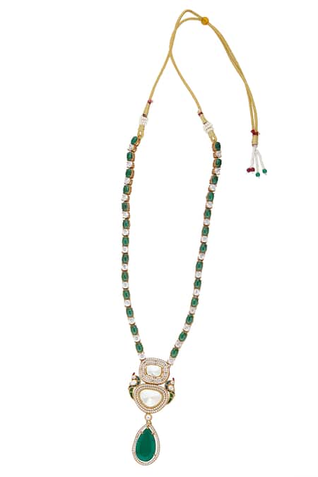 Shop_Nazaakat By Samara Singh_Green Zari, Diamonds Polki And American Necklace Set _at_Aza_Fashions