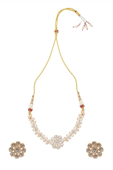 Shop Nazaakat By Samara Singh Gold Plated Zari, Diamonds Floral Polki And American Necklace Set at Aza Fashions Shop_Nazaakat By Samara Singh_Gold Plated Zari, Diamonds Floral Polki And American Necklace Set _at_Aza_Fashions