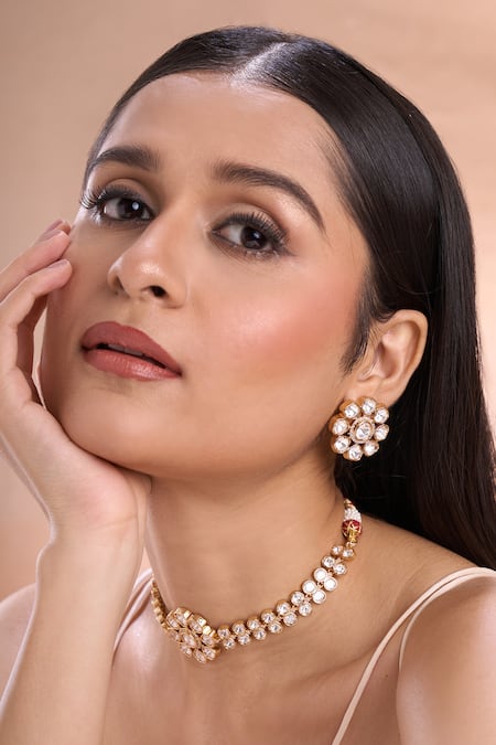 Nazaakat By Samara Singh Gold Plated Zari, Diamonds Floral Polki And American Necklace Set 