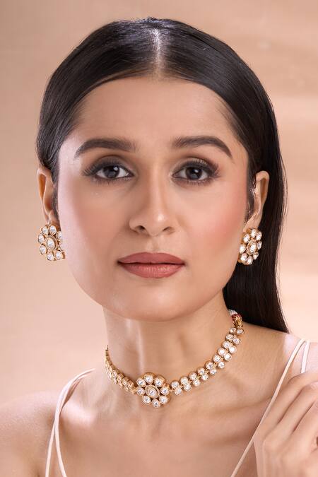Buy Nazaakat By Samara Singh Gold Plated Zari, Diamonds Floral Polki And American Necklace Set Buy_Nazaakat By Samara Singh_Gold Plated Zari, Diamonds Floral Polki And American Necklace Set