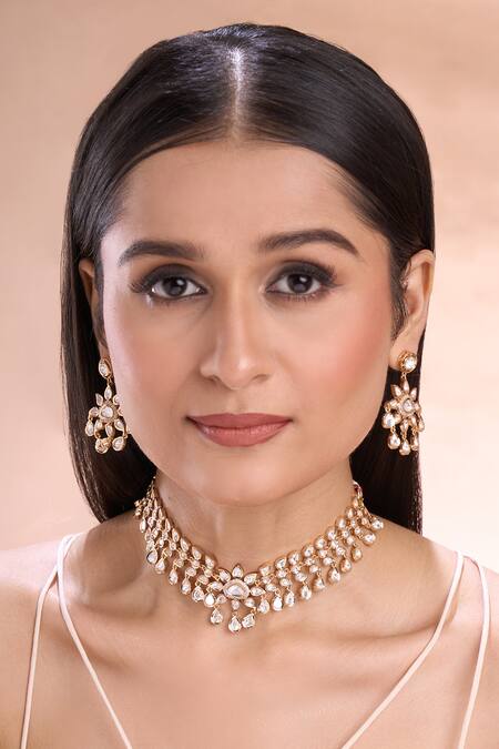 Shop Nazaakat By Samara Singh Gold Plated Zari, Stones Floral Polki Necklace Set Online at Aza Fashions Shop_Nazaakat By Samara Singh_Gold Plated Zari, Stones Floral Polki Necklace Set _Online_at_Aza_Fashions
