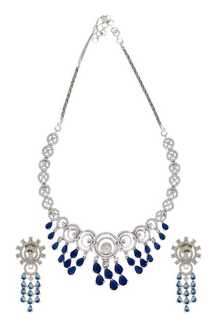 Shop Nazaakat By Samara Singh Blue Imitation Diamonds American Necklace Set at Aza Fashions Shop_Nazaakat By Samara Singh_Blue Imitation Diamonds American Necklace Set _at_Aza_Fashions