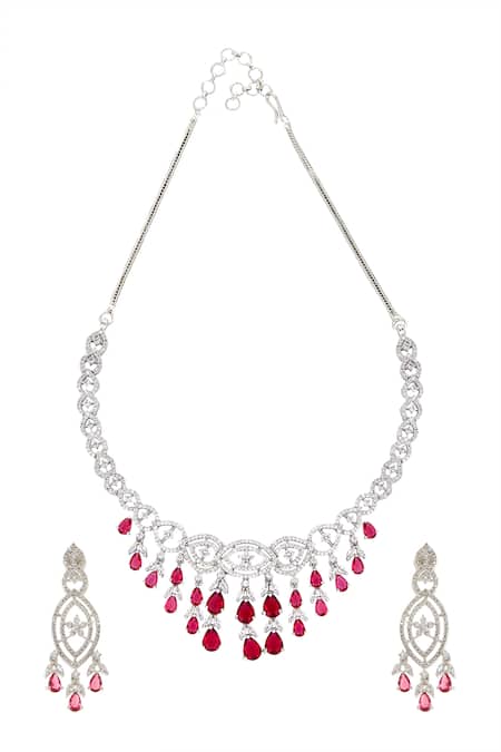 Shop_Nazaakat By Samara Singh_Red Imitation Diamonds American Necklace Set _at_Aza_Fashions