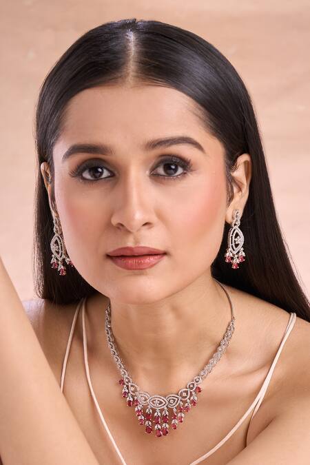 Buy_Nazaakat By Samara Singh_Red Imitation Diamonds American Necklace Set 