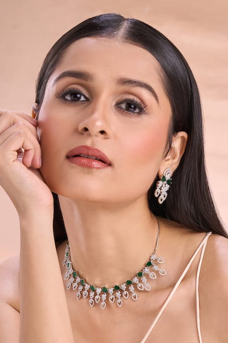 Nazaakat By Samara Singh Green Imitation Diamonds American Necklace Set at Aza Fashions Nazaakat By Samara Singh_Green Imitation Diamonds American Necklace Set _at_Aza_Fashions