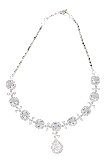 Nazaakat By Samara Singh Silver Plated Imitation Diamonds American Necklace And Earring Set Online at Aza Fashions Nazaakat By Samara Singh_Silver Plated Imitation Diamonds American Necklace And Earring Set _Online_at_Aza_Fashions