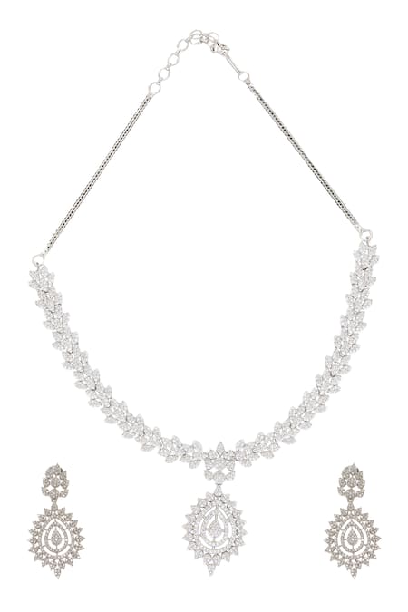 Shop Nazaakat By Samara Singh White Imitation Diamonds American Necklace Set at Aza Fashions Shop_Nazaakat By Samara Singh_White Imitation Diamonds American Necklace Set _at_Aza_Fashions