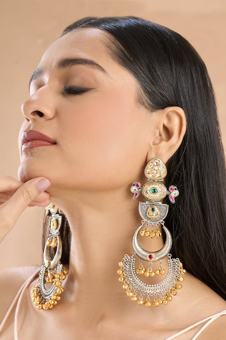Shop_Nazaakat By Samara Singh_Multi Color Stones Gold Plated Danglers _Online_at_Aza_Fashions