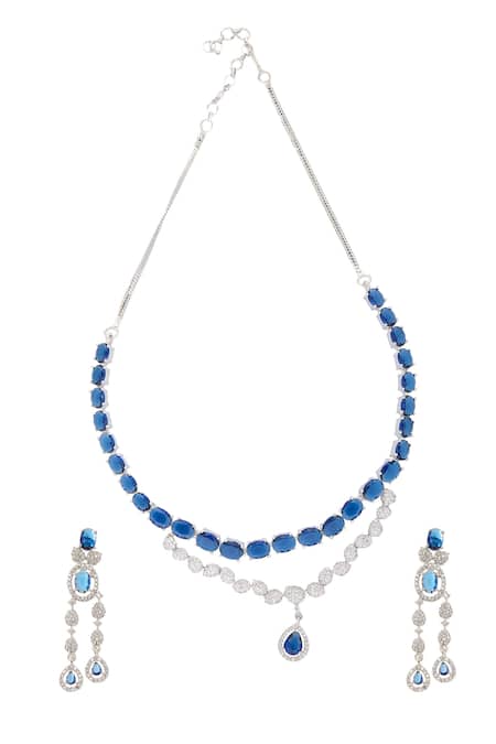 Shop Nazaakat By Samara Singh Blue Imitation Diamonds Layered Necklace Set With Earrings at Aza Fashions Shop_Nazaakat By Samara Singh_Blue Imitation Diamonds Layered Necklace Set With Earrings _at_Aza_Fashions