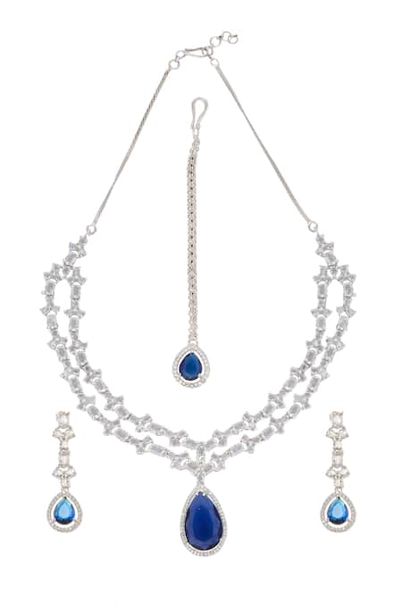 Shop Nazaakat By Samara Singh Silver Plated Crystals Double Layered Necklace Set With Maangtikka at Aza Fashions Shop_Nazaakat By Samara Singh_Silver Plated Crystals Double Layered Necklace Set With Maangtikka _at_Aza_Fashions