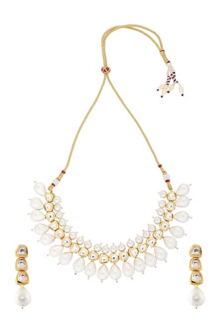 Shop Nazaakat By Samara Singh White Zari, Pearls Polki Embellished Choker Necklace Set at Aza Fashions Shop_Nazaakat By Samara Singh_White Zari, Pearls Polki Embellished Choker Necklace Set _at_Aza_Fashions