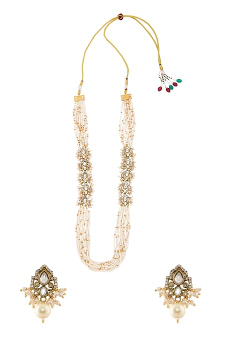 Shop Nazaakat By Samara Singh White Zari, Pearls Polki Stone Embellished Necklace Set at Aza Fashions Shop_Nazaakat By Samara Singh_White Zari, Pearls Polki Stone Embellished Necklace Set _at_Aza_Fashions