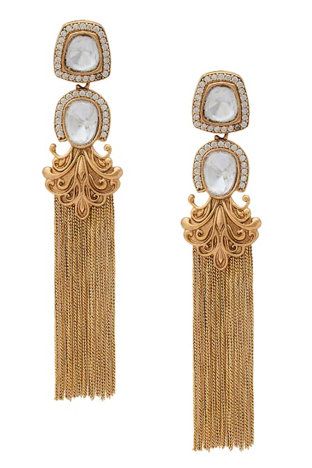 Shop Nazaakat By Samara Singh Gold Plated Piping Polki Stone Tassel Chain Earrings at Aza Fashions Shop_Nazaakat By Samara Singh_Gold Plated Piping Polki Stone Tassel Chain Earrings _at_Aza_Fashions