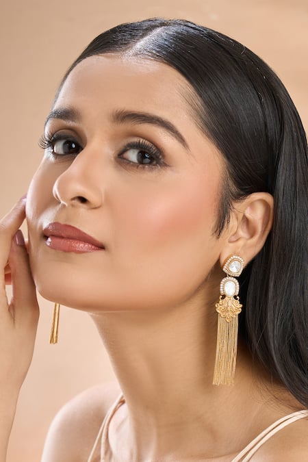 Nazaakat By Samara Singh Gold Plated Piping Polki Stone Tassel Chain Earrings 