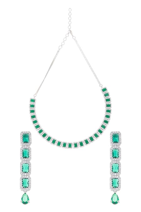 Shop Nazaakat By Samara Singh Green Imitation Diamonds American Necklace Set at Aza Fashions Shop_Nazaakat By Samara Singh_Green Imitation Diamonds American Necklace Set _at_Aza_Fashions