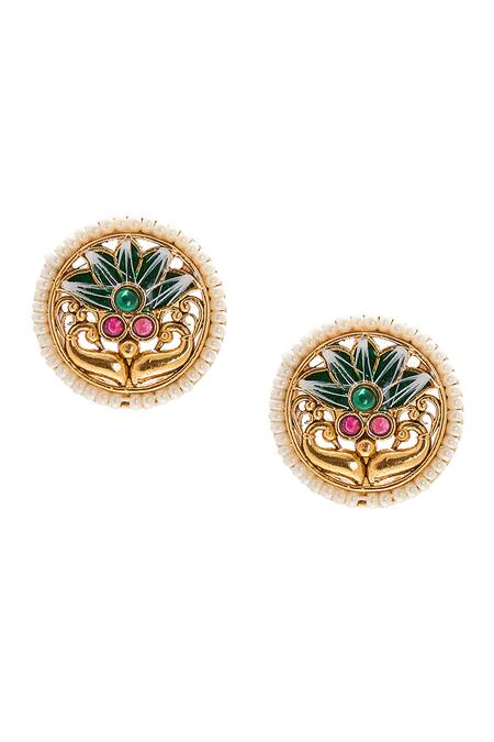 Nazaakat By Samara Singh_Green Metallic Thread, Pearls Meenakari Choker Necklace Set_Online_at_Aza_Fashions