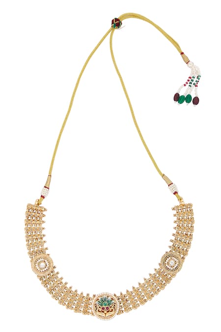 Buy_Nazaakat By Samara Singh_Green Metallic Thread, Pearls Meenakari Choker Necklace Set_Online_at_Aza_Fashions