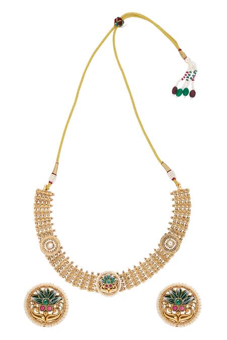 Shop_Nazaakat By Samara Singh_Green Metallic Thread, Pearls Meenakari Choker Necklace Set_at_Aza_Fashions