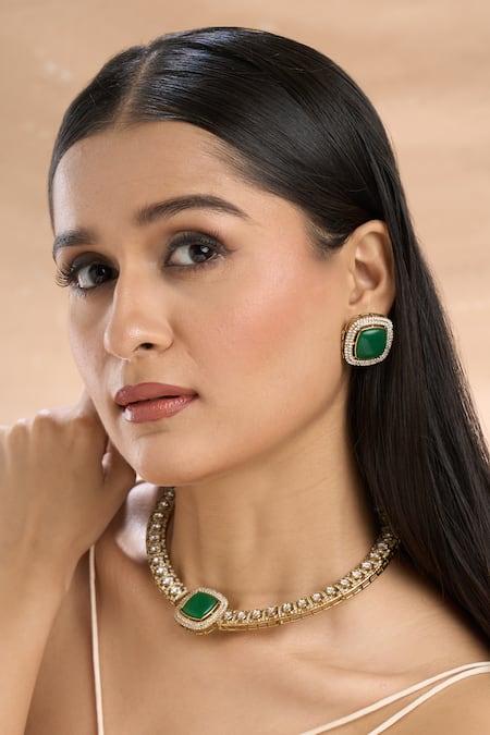 Buy_Nazaakat By Samara Singh_Green Imitation Diamonds Gold Plated Polki And American Set 
