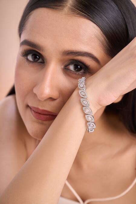 Shop Nazaakat By Samara Singh Silver Plated Imitation Diamonds Leaf Shaped American Bracelet Shop_Nazaakat By Samara Singh_Silver Plated Imitation Diamonds Leaf Shaped American Bracelet