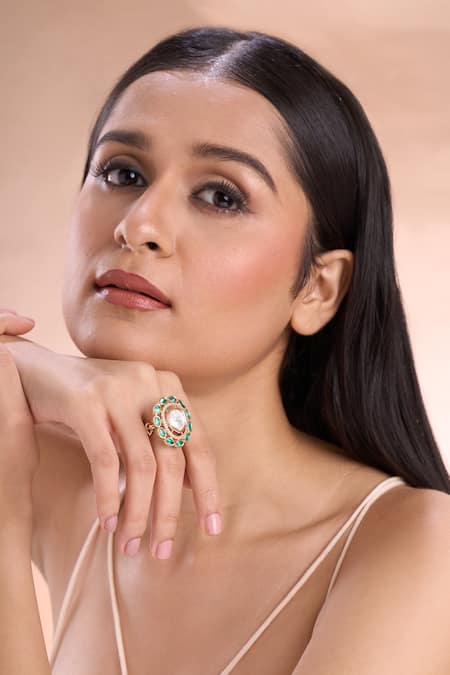 Buy_Nazaakat By Samara Singh_Green Imitation Diamonds Polki And American Embellished Ring _Online_at_Aza_Fashions
