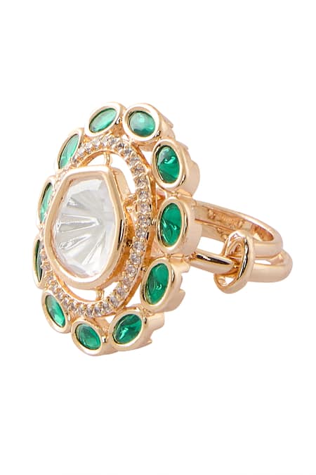 Shop_Nazaakat By Samara Singh_Green Imitation Diamonds Polki And American Embellished Ring _Online_at_Aza_Fashions