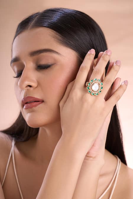 Nazaakat By Samara Singh_Green Imitation Diamonds Polki And American Embellished Ring _at_Aza_Fashions