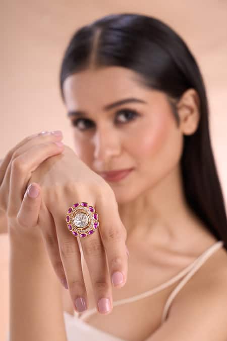 Nazaakat By Samara Singh_Pink Crystals American Diamond Adjustable Ring _at_Aza_Fashions