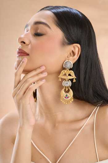 Nazaakat By Samara Singh_Gold Plated Pearls, Stones And Embellished Earrings _at_Aza_Fashions