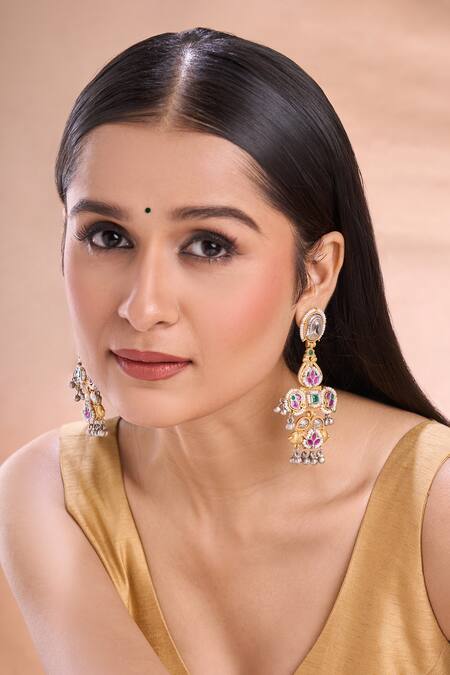 Nazaakat By Samara Singh_Gold Plated Stones, Beads Studded Long Earrings _at_Aza_Fashions