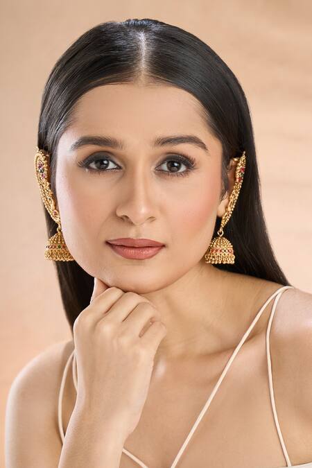 Buy Nazaakat By Samara Singh Multi Color Crystals Kemp Stone Temple Ear Cuff Jhumkas Online at Aza Fashions Buy_Nazaakat By Samara Singh_Multi Color Crystals Kemp Stone Temple Ear Cuff Jhumkas_Online_at_Aza_Fashions