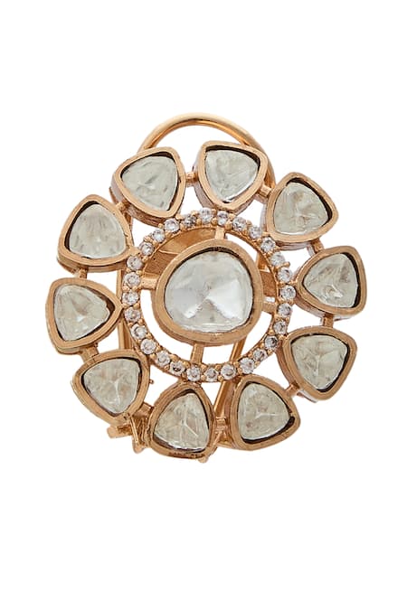 Shop_Nazaakat By Samara Singh_Gold Plated Piping Polki Studded Floral Studs _at_Aza_Fashions