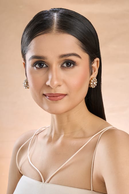 Shop_Nazaakat By Samara Singh_Gold Plated Piping Polki Studded Floral Studs _Online_at_Aza_Fashions