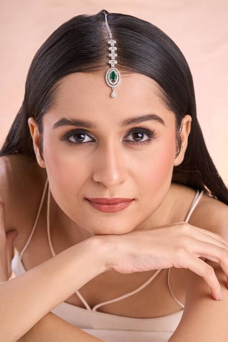 Shop_Nazaakat By Samara Singh_White Silver American Diamond Maangtikka_Online_at_Aza_Fashions