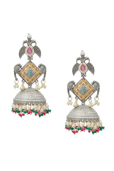 Nazaakat By Samara Singh Dual Tone Studded Jhumkas with Bird Motifs 