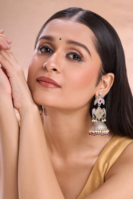 Nazaakat By Samara Singh Dual Tone Studded Jhumkas with Bird Motifs 