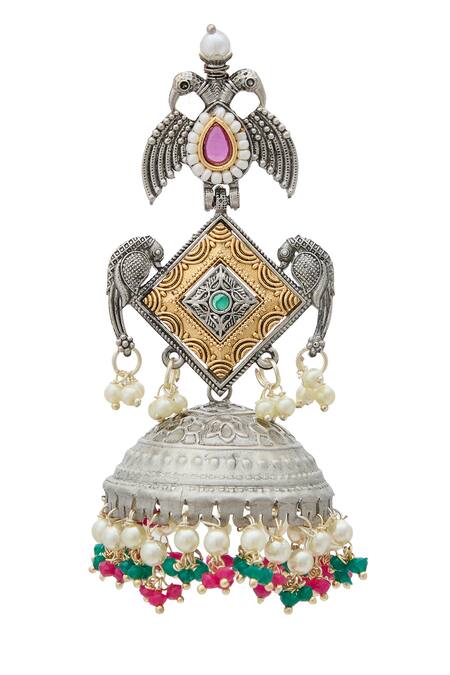 Nazaakat By Samara Singh_Gold Plated Pearls, Stones, Beads Dual Studded Jhumkas With Bird Motifs _Online_at_Aza_Fashions