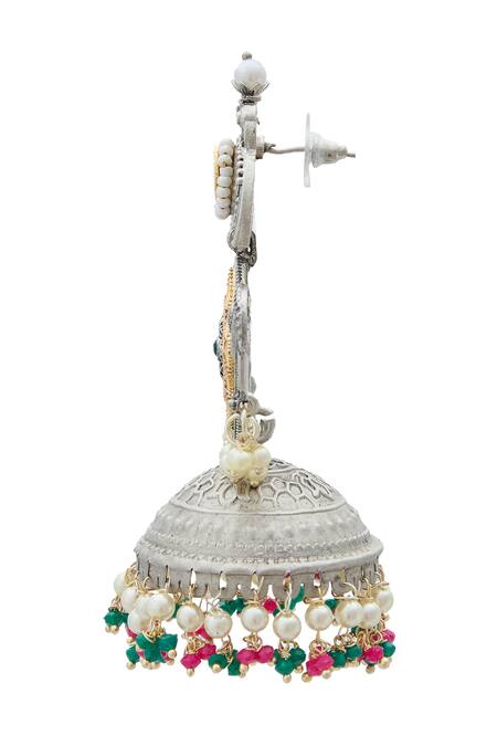 Buy_Nazaakat By Samara Singh_Gold Plated Pearls, Stones, Beads Dual Studded Jhumkas With Bird Motifs _Online_at_Aza_Fashions