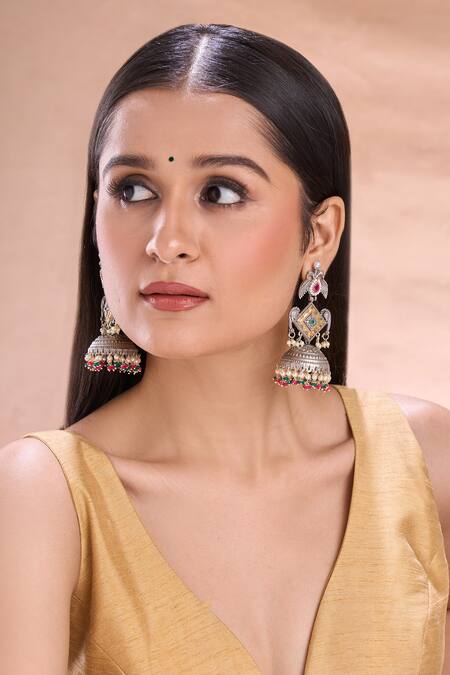 Nazaakat By Samara Singh_Gold Plated Pearls, Stones, Beads Dual Studded Jhumkas With Bird Motifs _at_Aza_Fashions