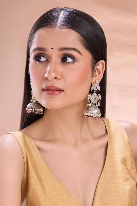 Buy_Nazaakat By Samara Singh_Gold Plated Pearls, Stones, Beads Dual Studded Jhumkas With Bird Motifs 