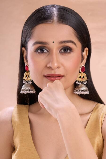 Shop_Nazaakat By Samara Singh_Gold Plated Pearls, Stones Dual Studded Jhumkas _Online_at_Aza_Fashions