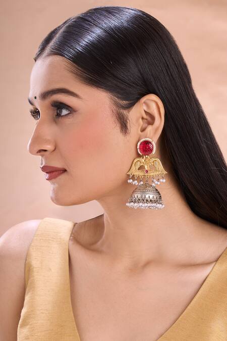 Nazaakat By Samara Singh_Gold Plated Pearls, Stones Dual Studded Jhumkas _at_Aza_Fashions