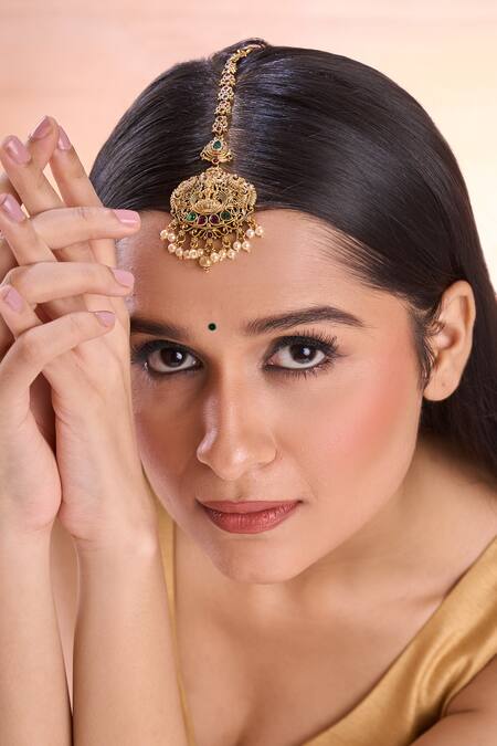 Shop_Nazaakat By Samara Singh_Gold Plated Temple Maangtikka With Stones _Online_at_Aza_Fashions