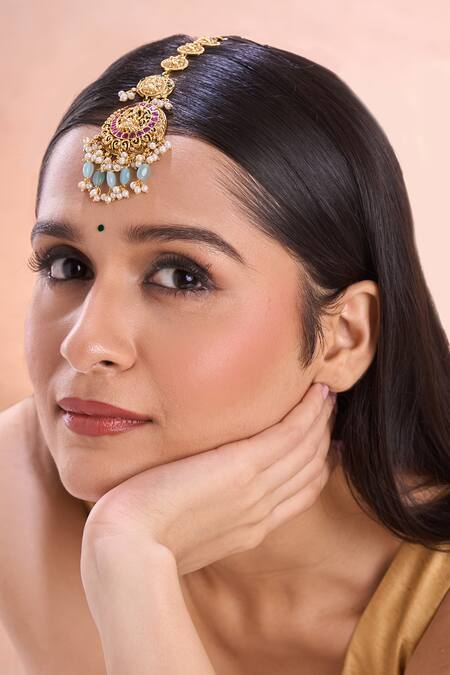 Shop_Nazaakat By Samara Singh_Blue Temple Deity Carved Gold Maangtikka _Online_at_Aza_Fashions